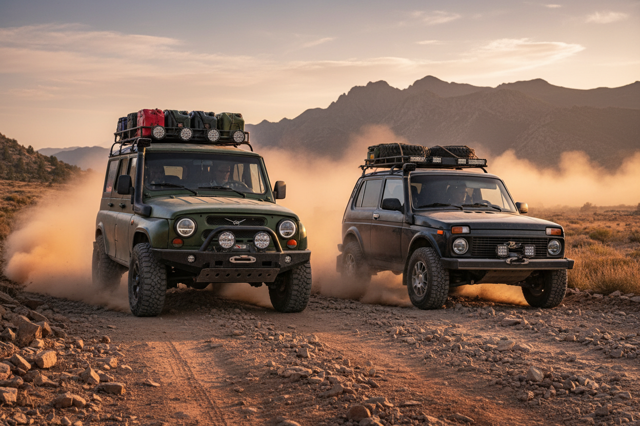 uaz hunter and lada niva equiped with full accessories driving side by side offroad
